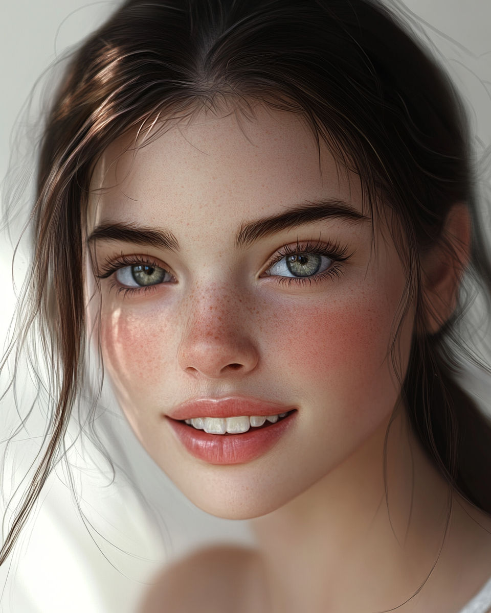 Delicate young woman with expressive eyes and warm smile.