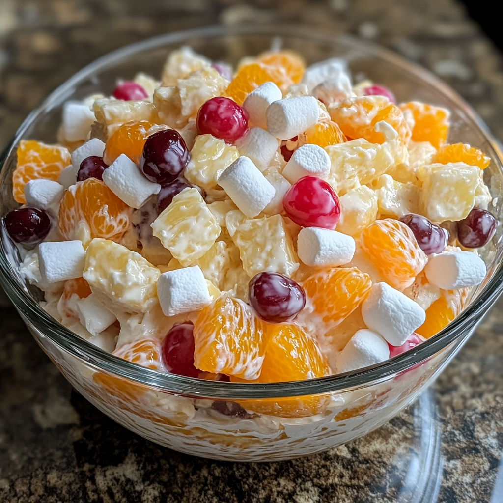 Delicious Ambrosia Salad: Pineapple, Mandarin, Marshmallow, Cherry, Coconut