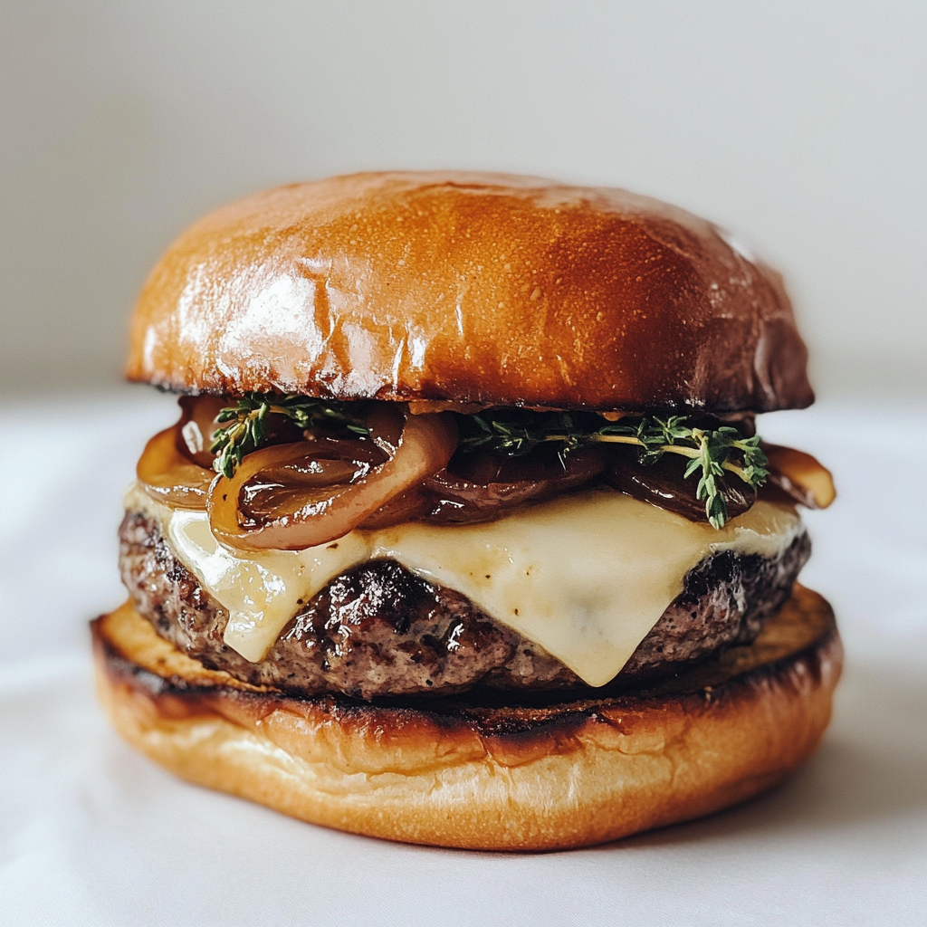 Delicious Brie Burger with Caramelized Onions and Arugula