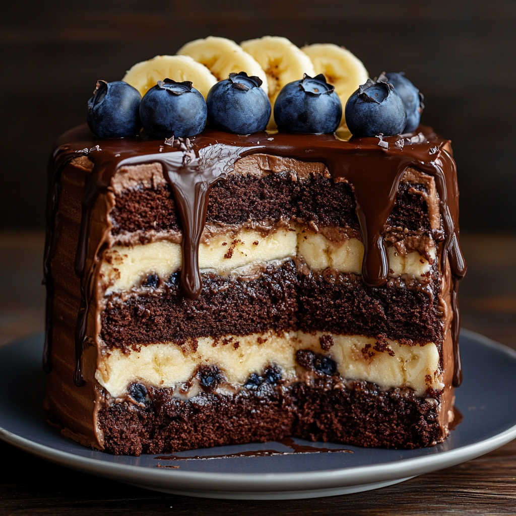 Delicious Chocolate Banana Layered Cake with Blueberries