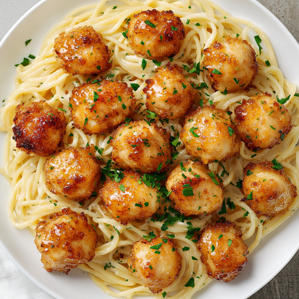 Delicious Golden Garlic Chicken Bites on Creamy Spaghetti