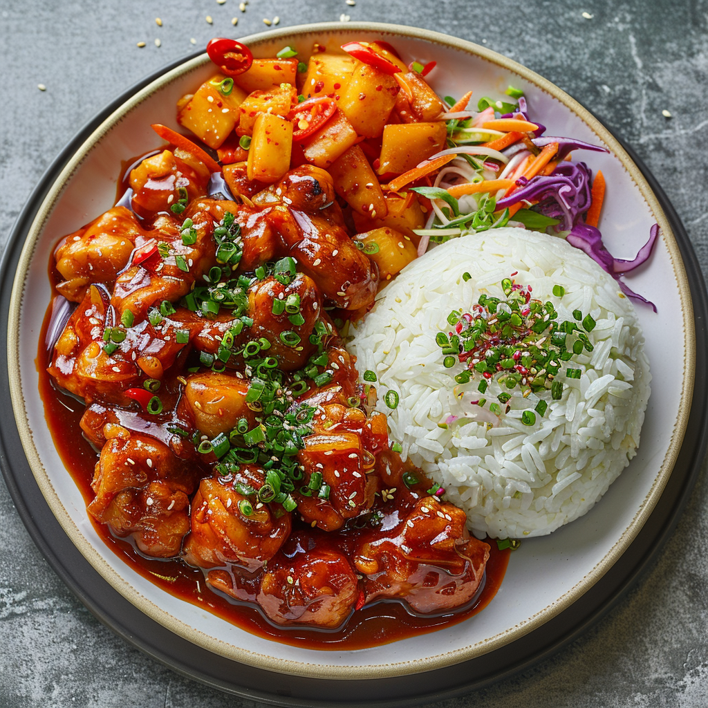 Delicious Korean Spicy Chicken on Plate with Vegetables