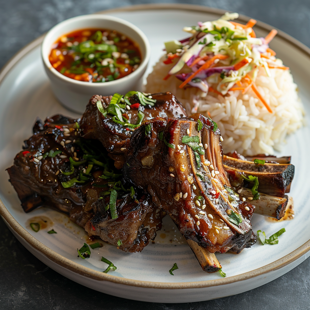 Delicious Korean beef, rice, coleslaw on white plate