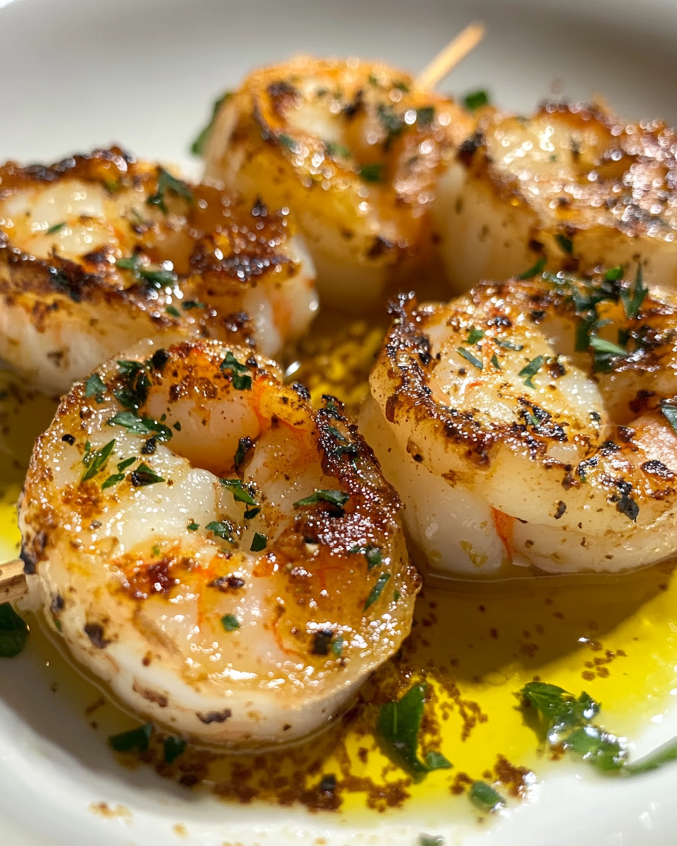 Delicious Lemon Garlic Shrimp Skewers in White Bowl.