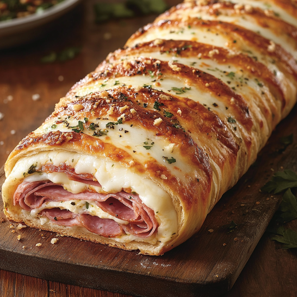 Delicious Stromboli on Wooden Board, Sliced and Stuffed.