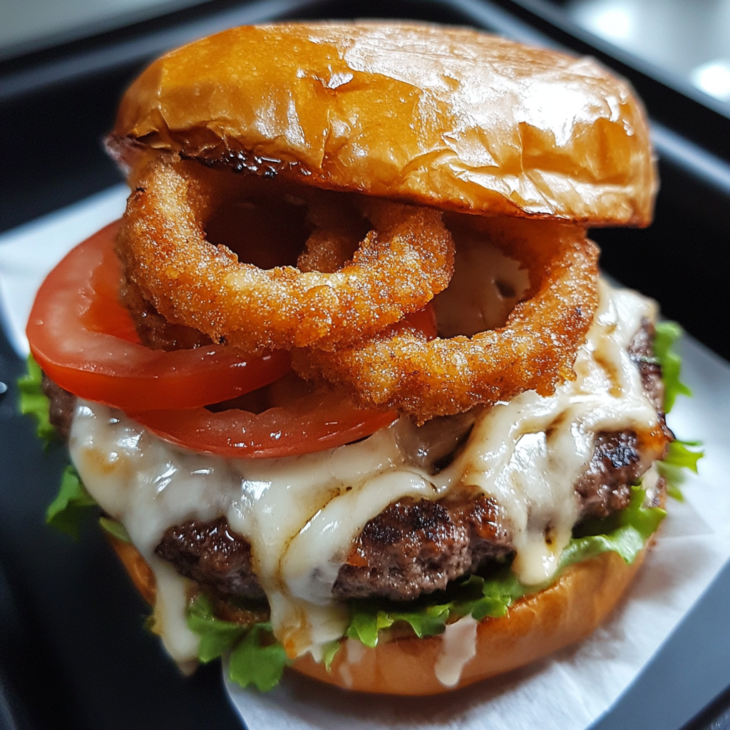 Delicious beef burger with melted cheese and veggies.