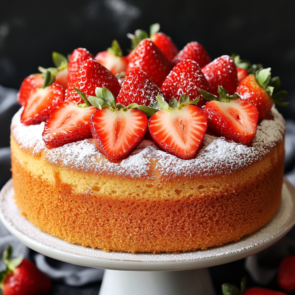 Delicious cake with fresh strawberries and sweet powdered sugar