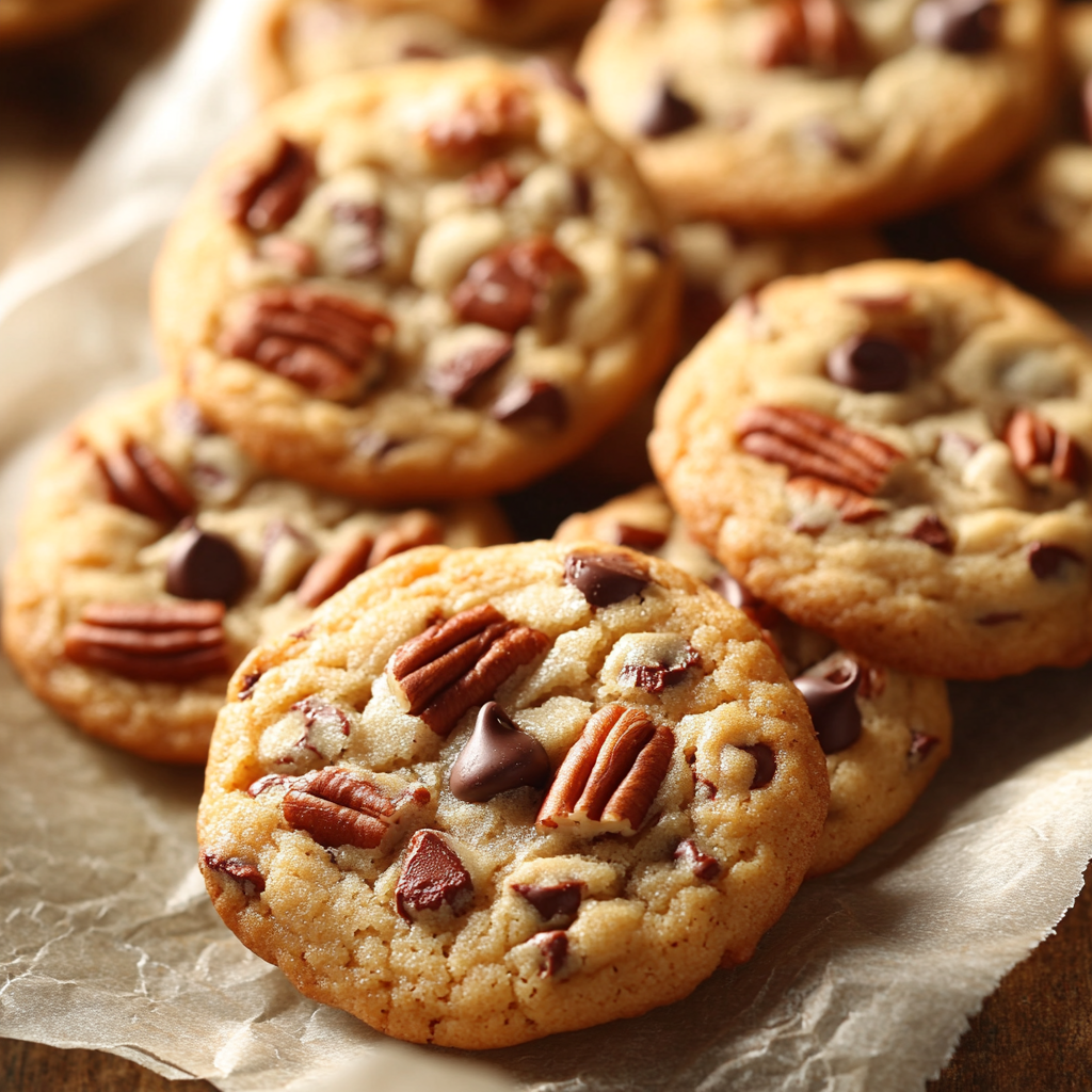 Delicious chocolate chip cookies with pecans on parchment.