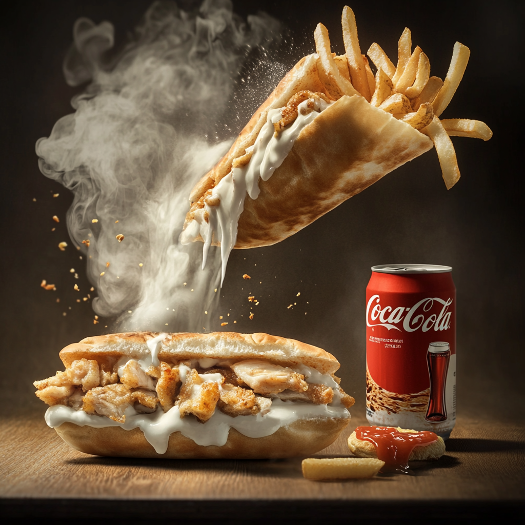 Delicious frozen galette sandwich with flying chicken & fries.