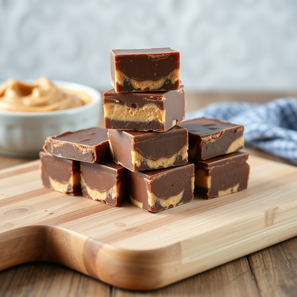 Delicious homemade peanut butter chocolate fudge displayed beautifully.