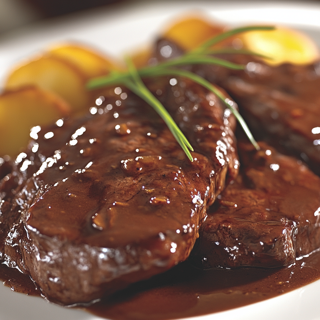 Delicious ribeye steaks with savory sauce and garnishes