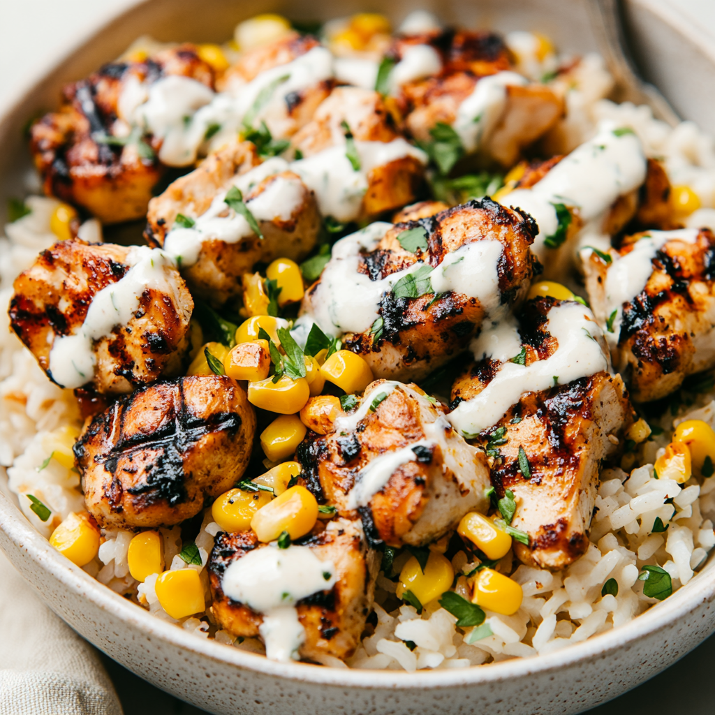 Delicious rice bowl with grilled chicken and corn