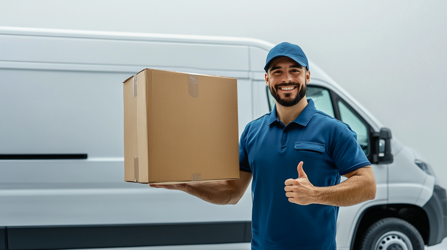 Delivery man in blue uniform with box and van.