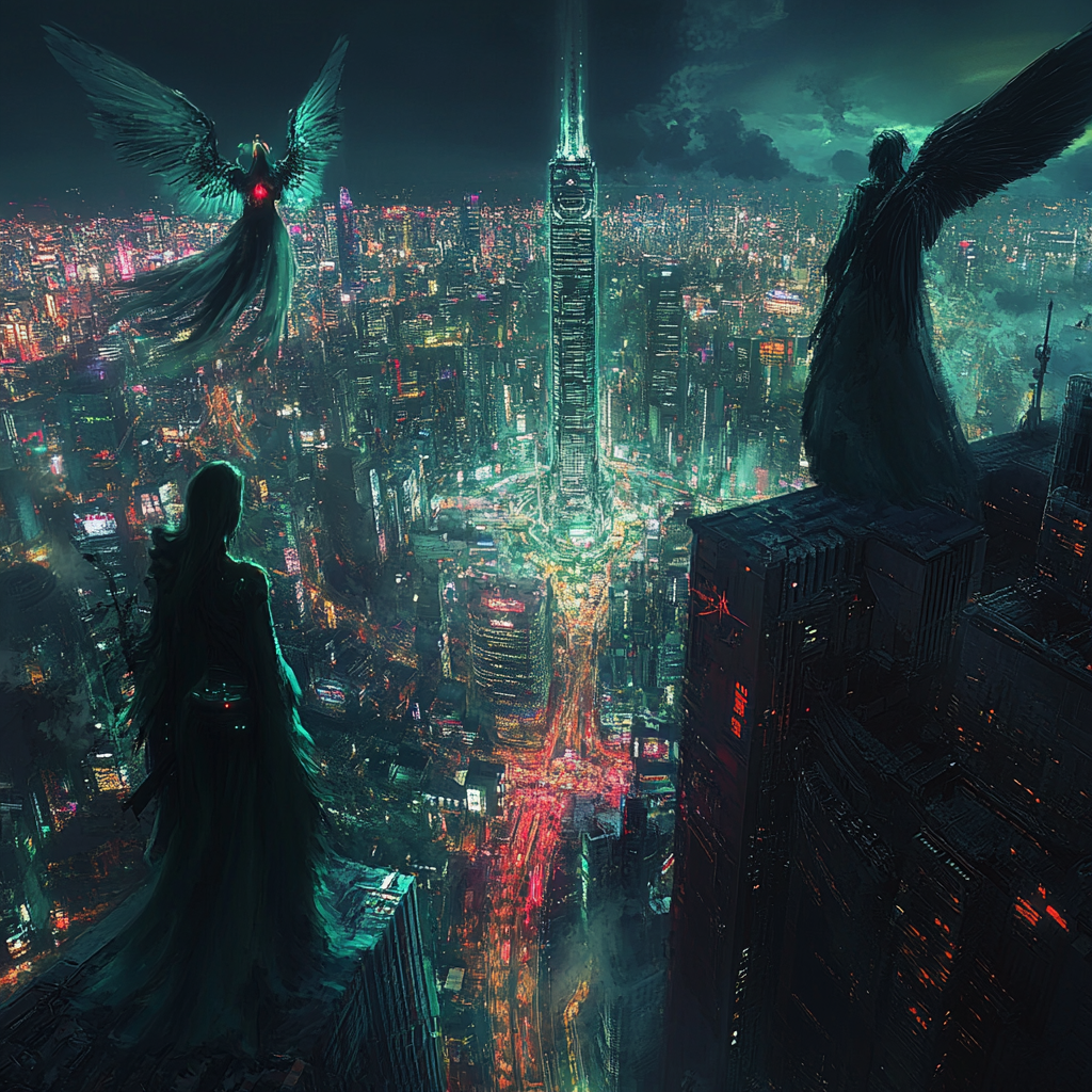 Demon, Angel, Futuristic Woman in Cyberpunk Tokyo.