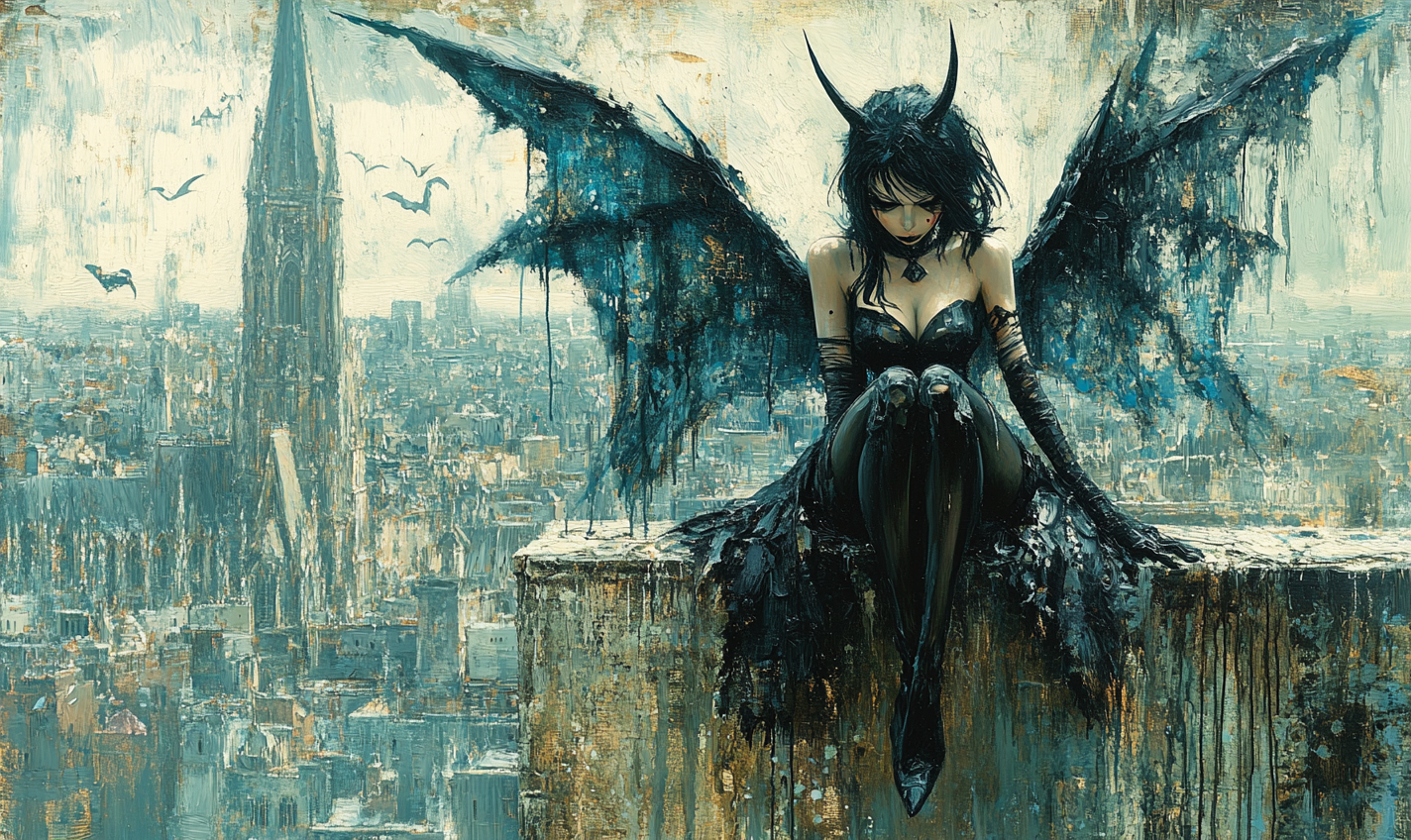 Demon in stockings on cathedral edge overlooking ancient city.