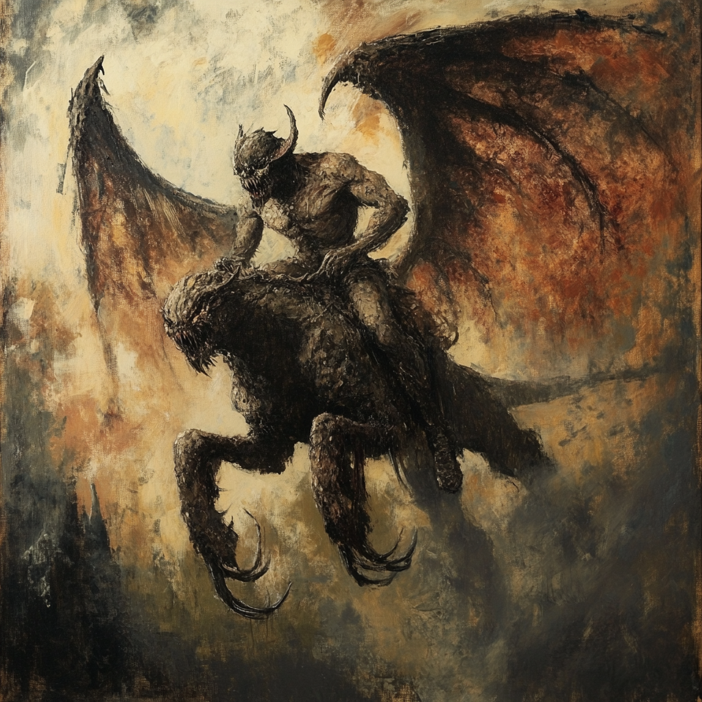 Demonic Monster Riding Winged Beast in Nightmarish World