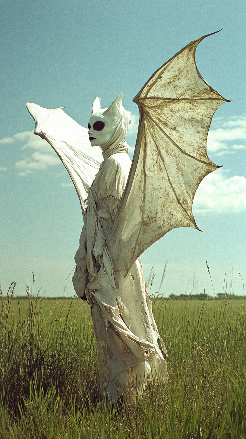 Demonic figure in rags standing in grassy field.