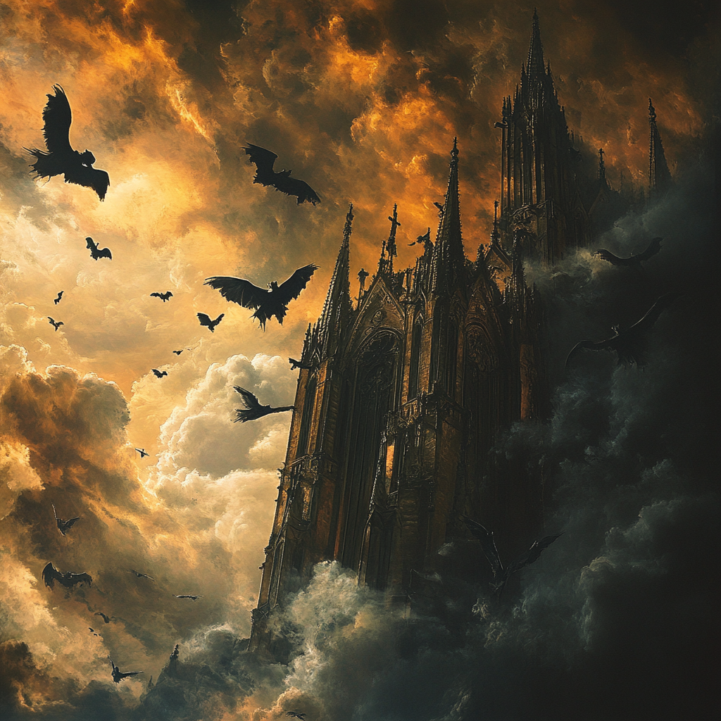 Demons flying around cathedral with dark clouds.