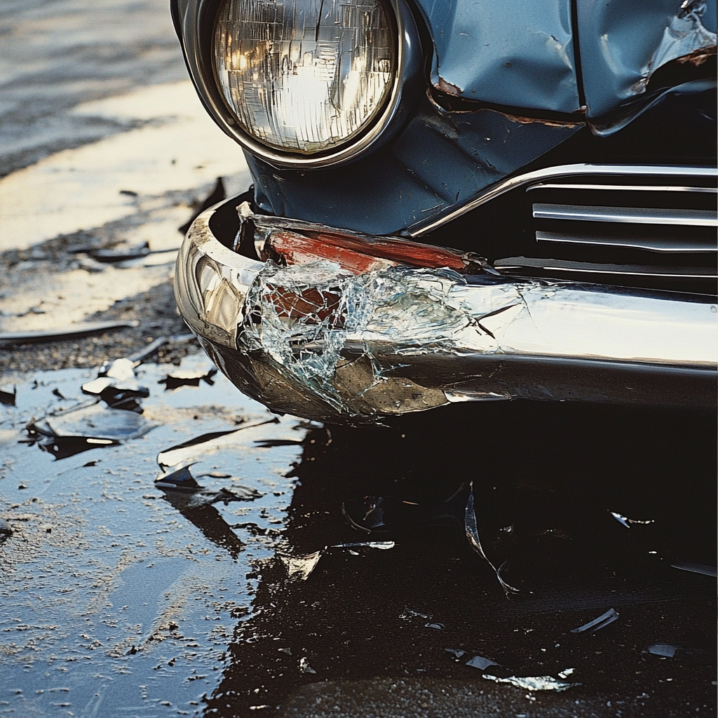 Dented bumper and cracked headlight of crashed car.