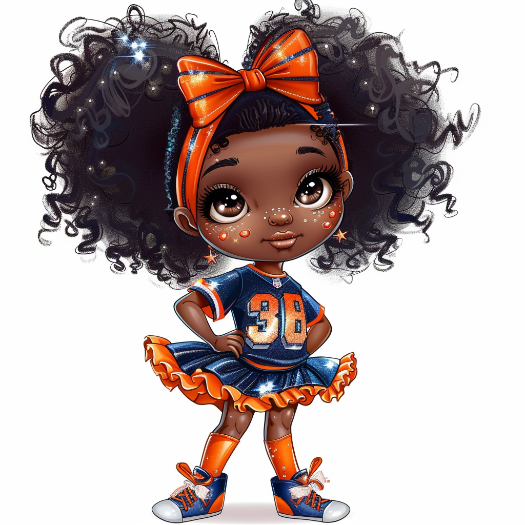 Denver Broncos cheer uniform on cute African American child.