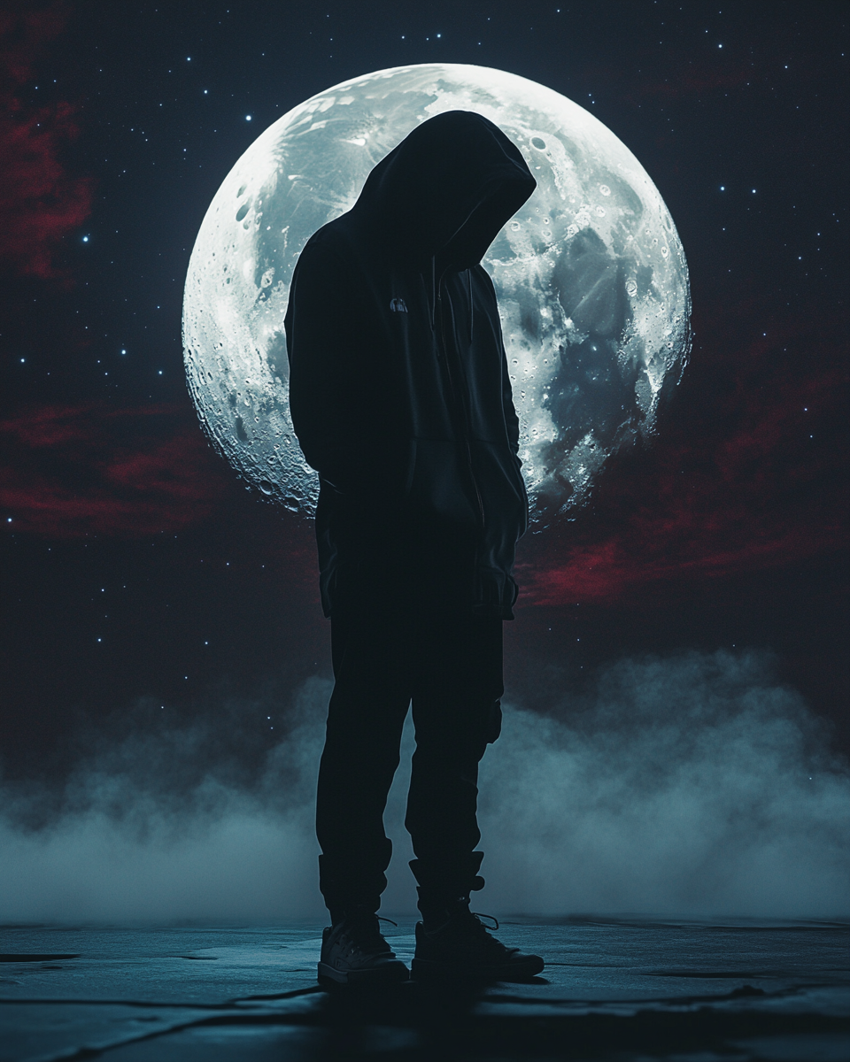 Depressed man in cyberpunk hoodie under cosmic moon.