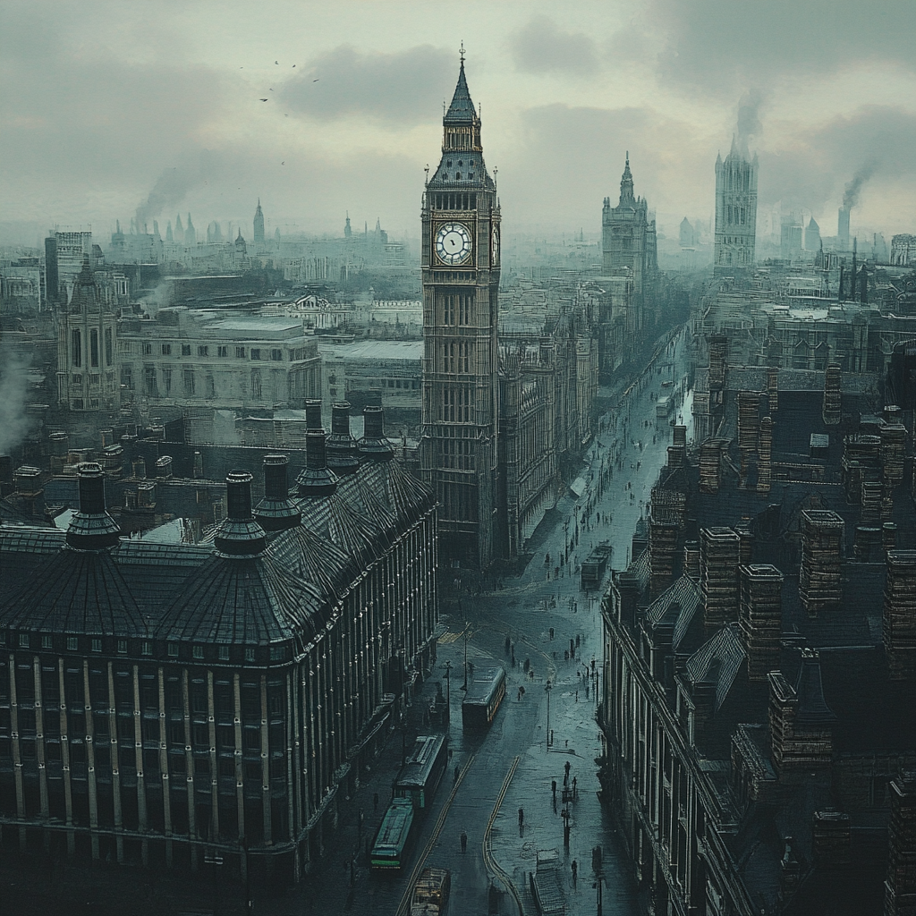 Depressing London cityscape, Big Ben, desolate socialist vibes