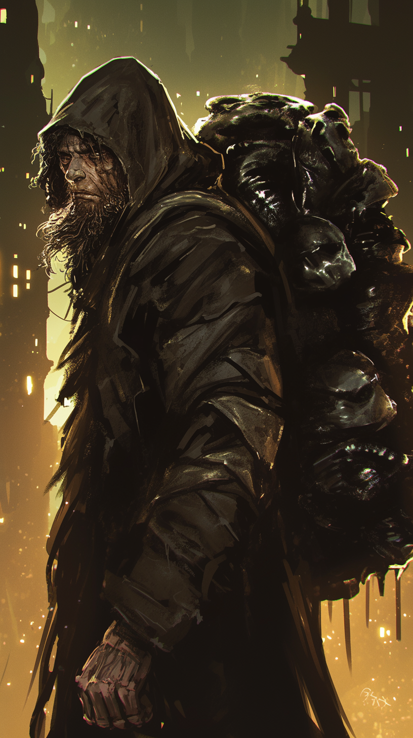 Derelict man with tattered coat in dark city setting.