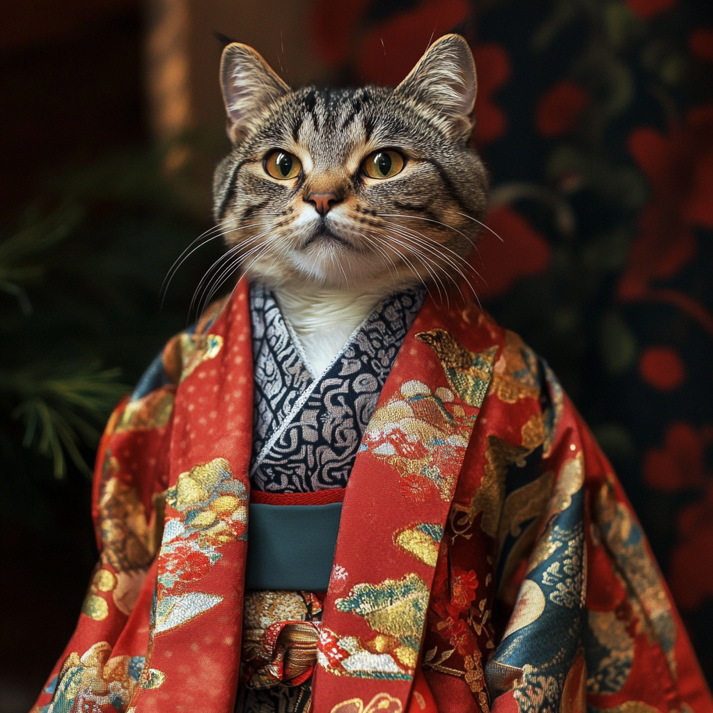 Desenhe gato persa com kimono japonês elegante.