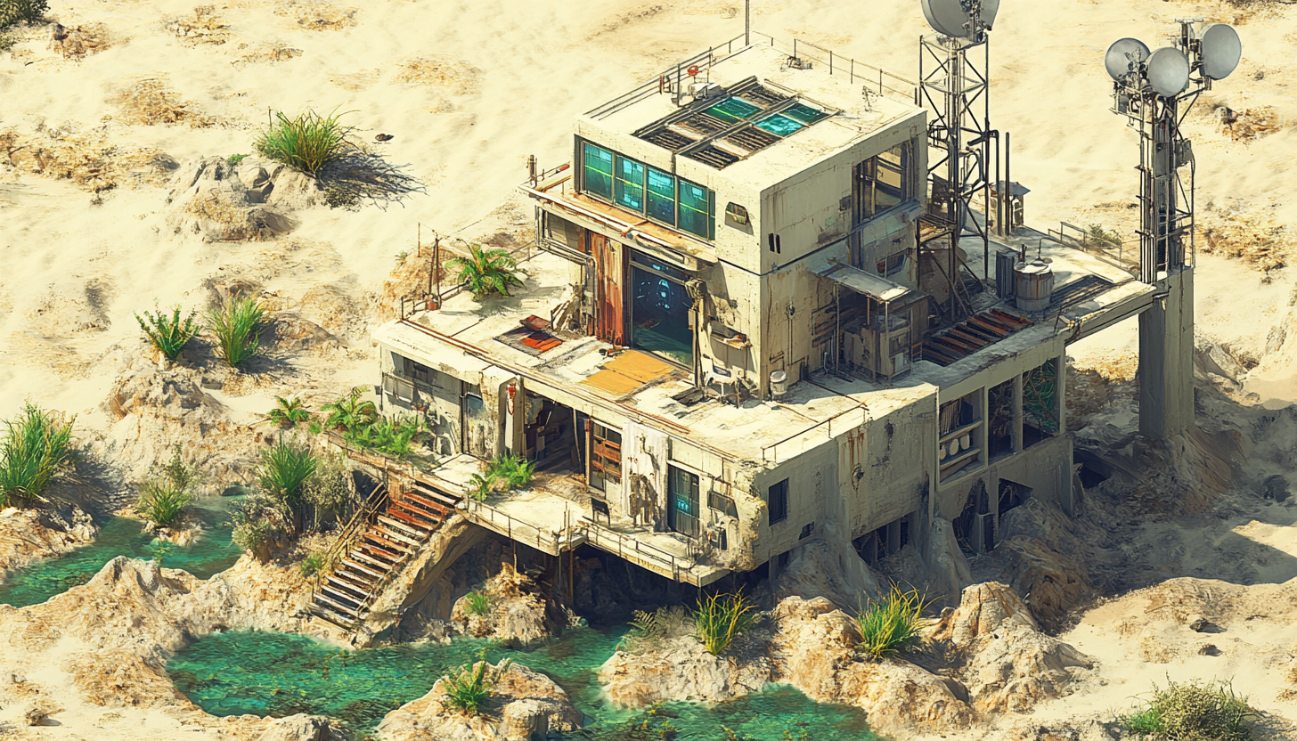 Desert Outpost with Oasis, Creek, Watch Tower.