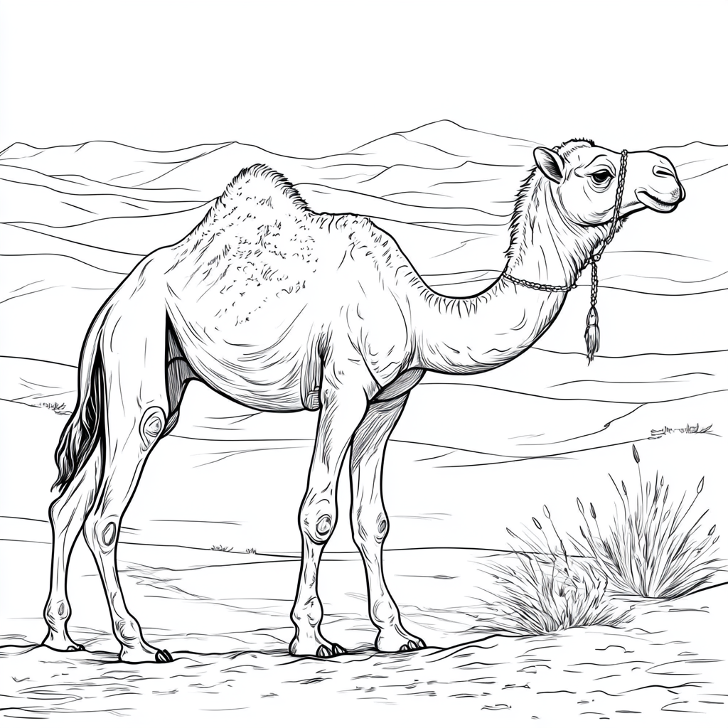 Desert camel with sand dunes for coloring book.