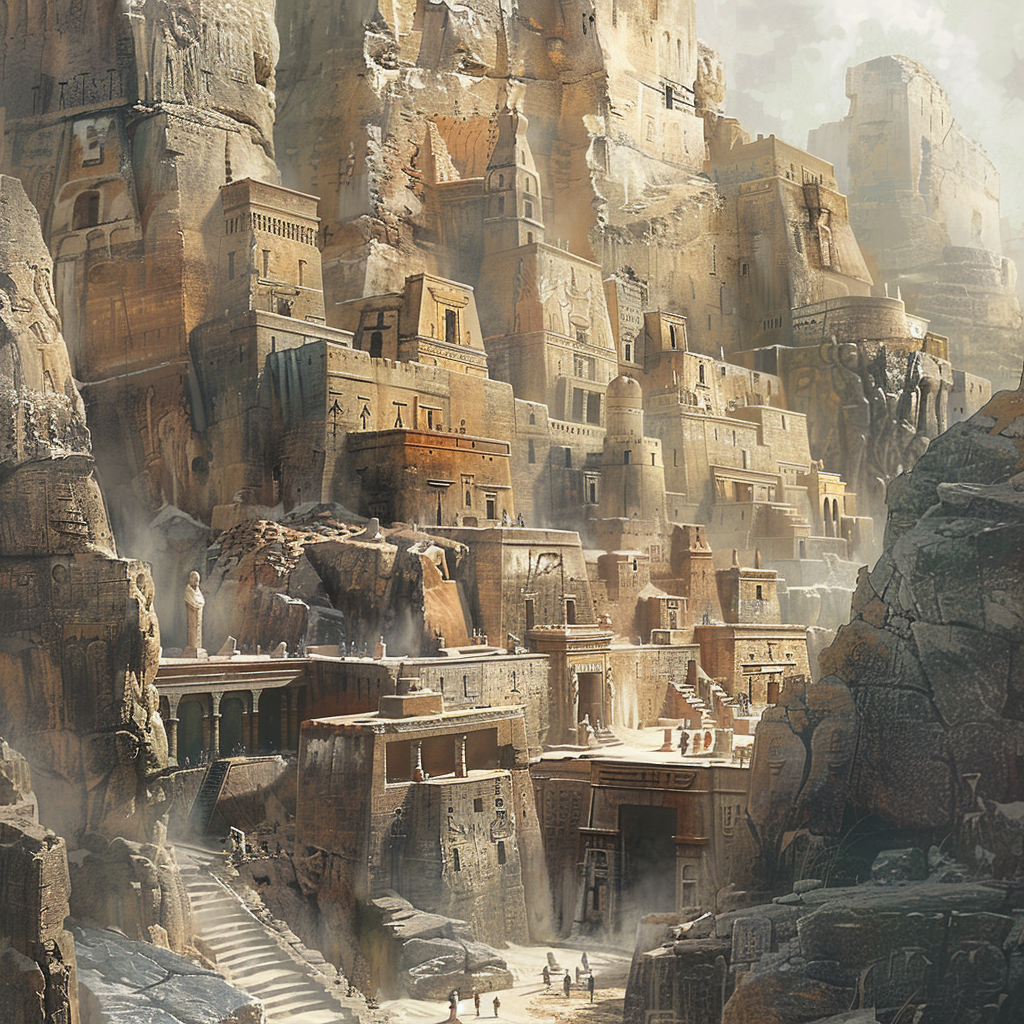 Desert city with ancient tombs, stone buildings, muted tones.