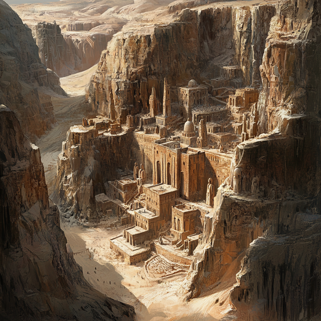 Desert city with ancient tombs and carved buildings.