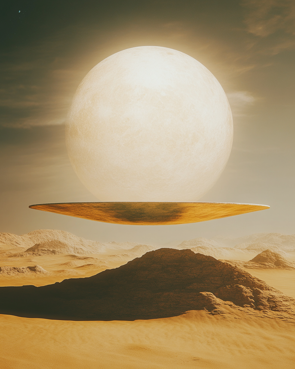 Desert dune with flying oval platform, white sun above.