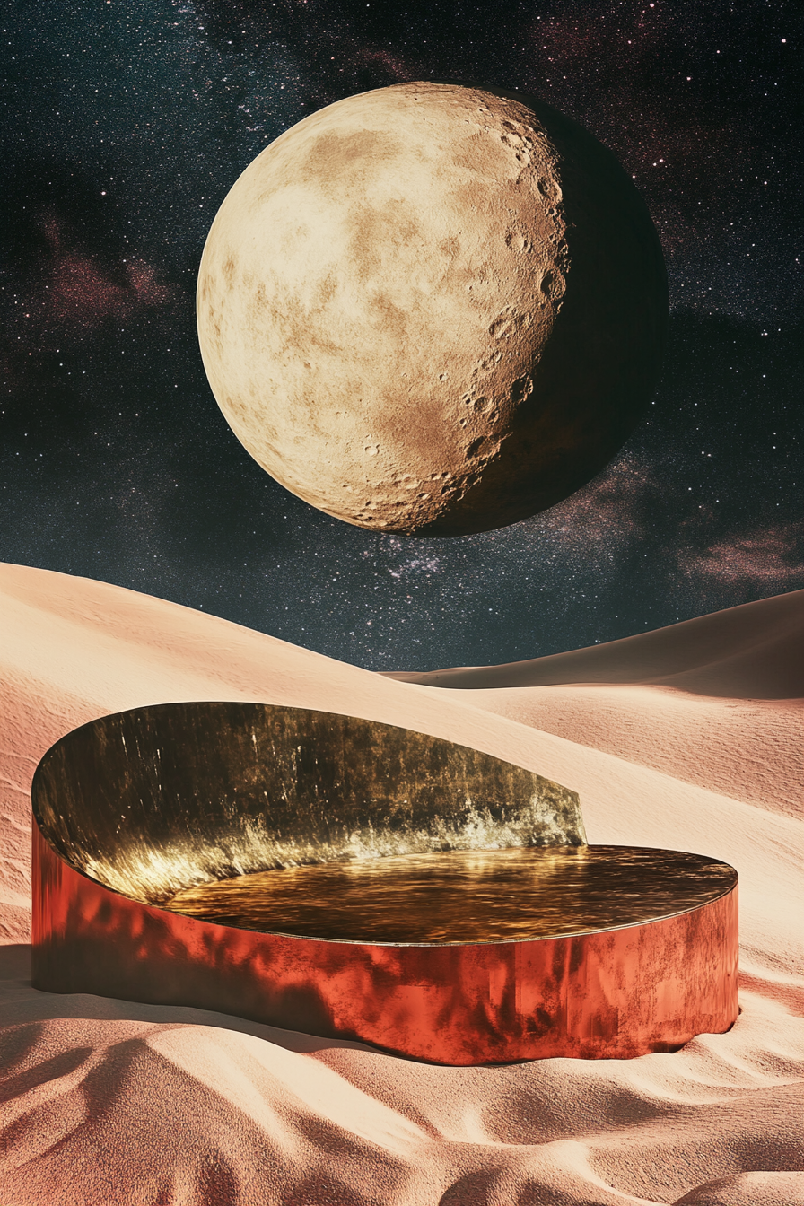 Desert dune with moonrise, chrome oval platform, cosmic atmosphere.