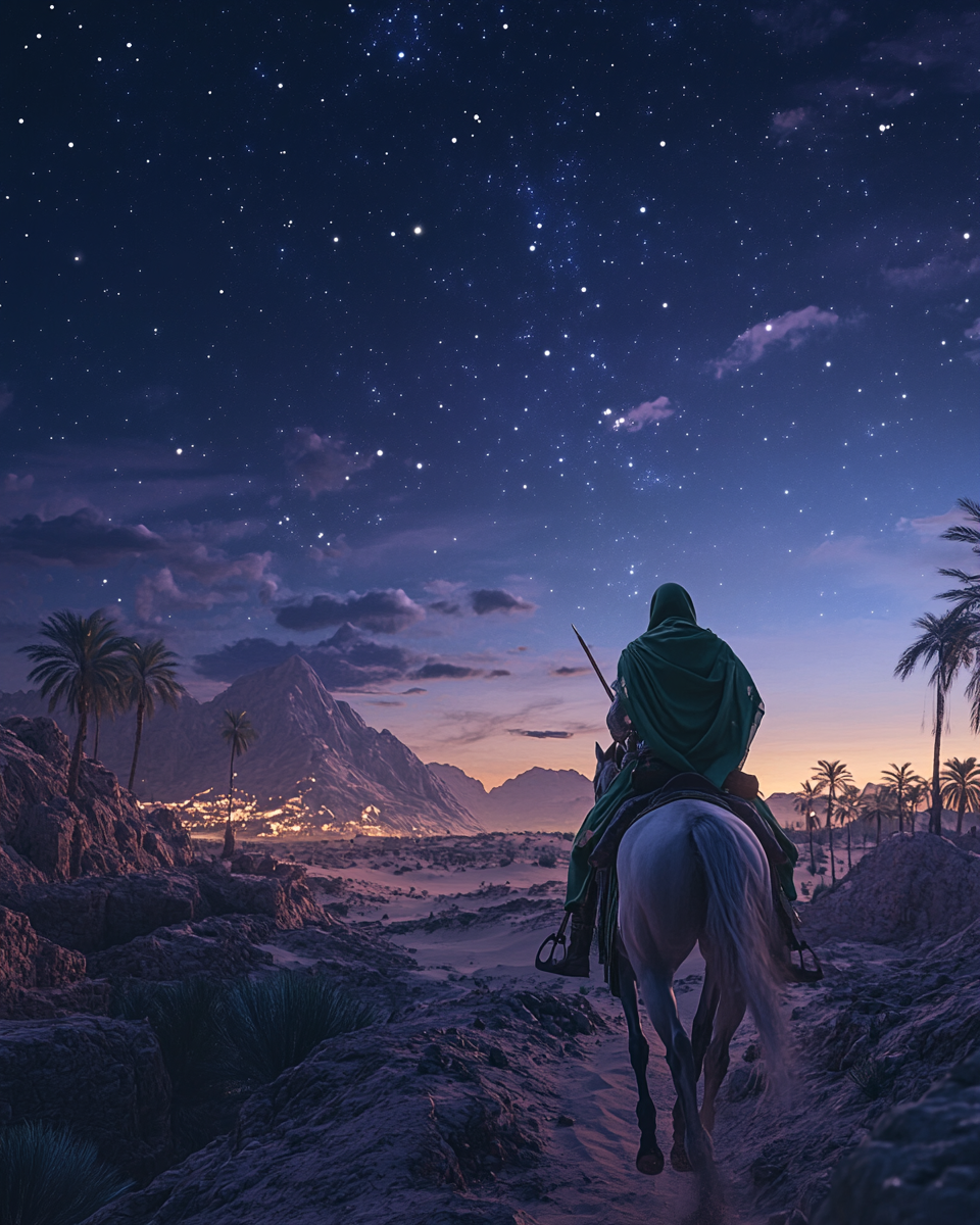 Desert night scene: Horserider in Arabian robes with sword