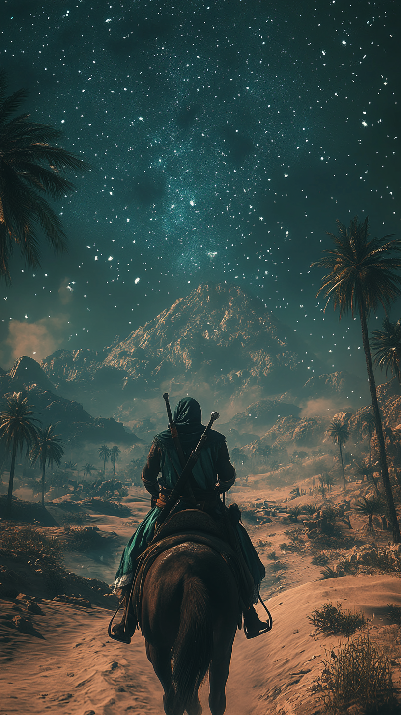 Desert night: Lone horserider in arabian robes, starlit sky