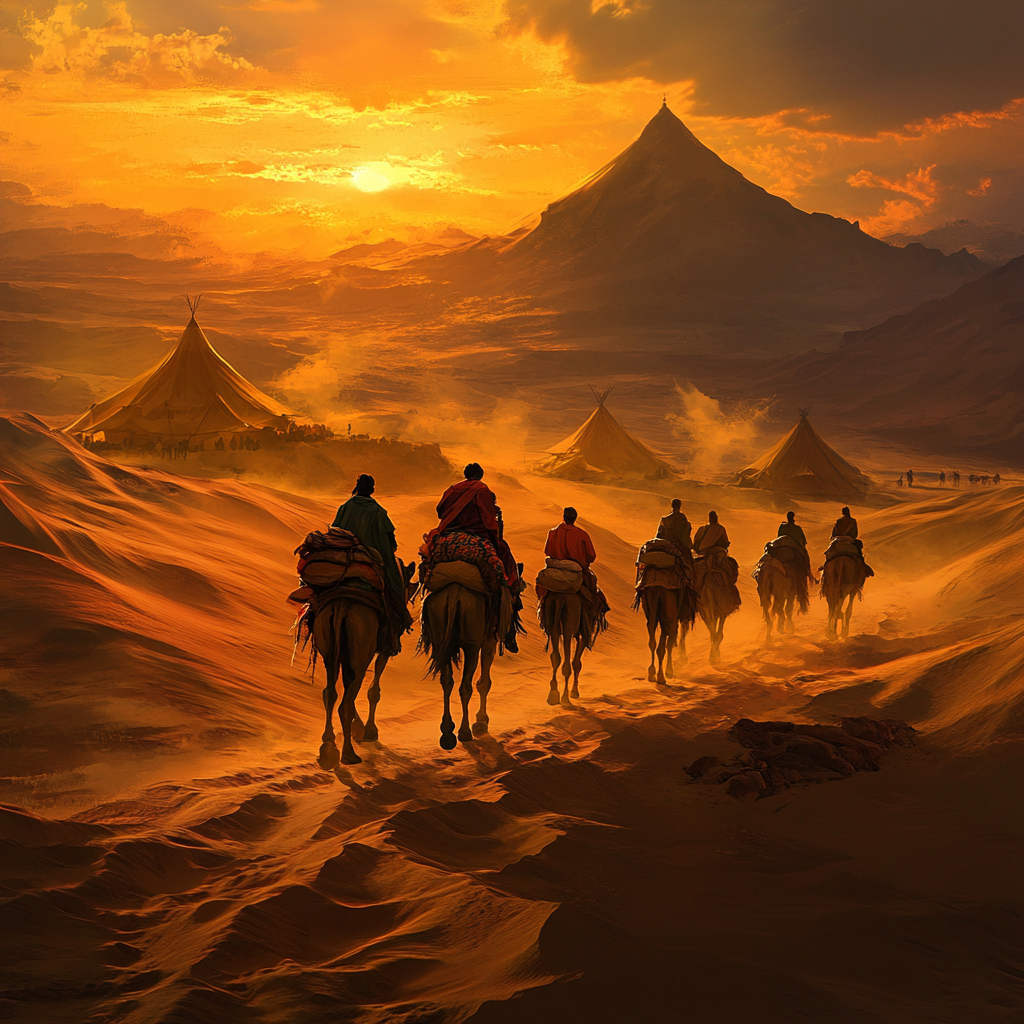 Desert nomads with camels and colorful tents at sunset