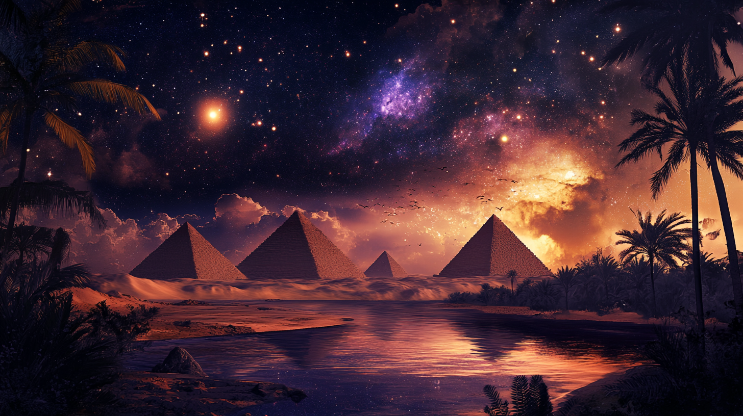 Desert oasis with pyramids in dark galaxy night sky.