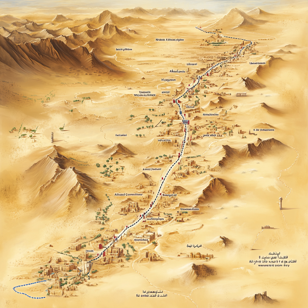 Desert route map with landmarks in Abu Dhabi.