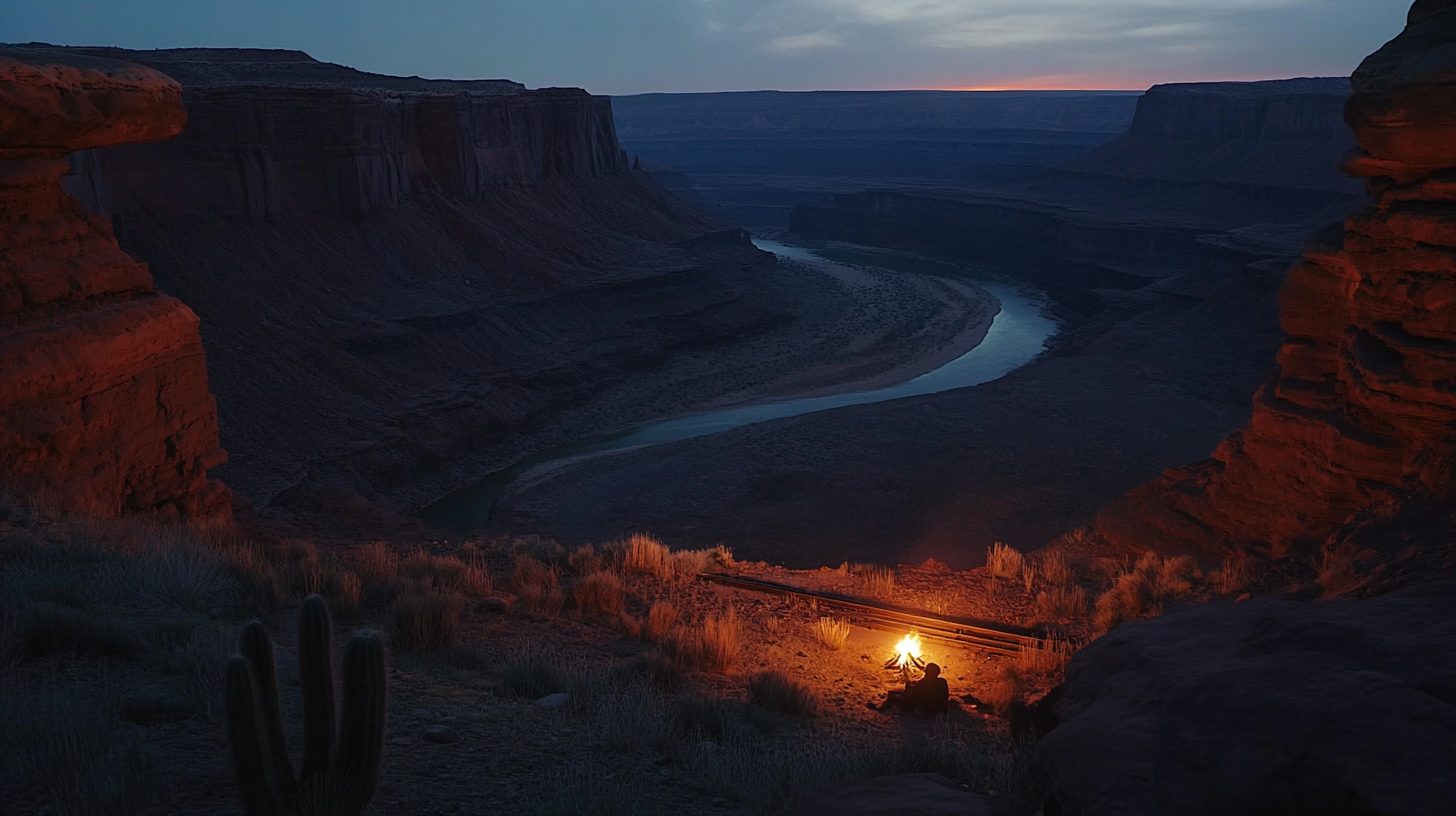 Desert scene at dawn with campfire and cavern entrance