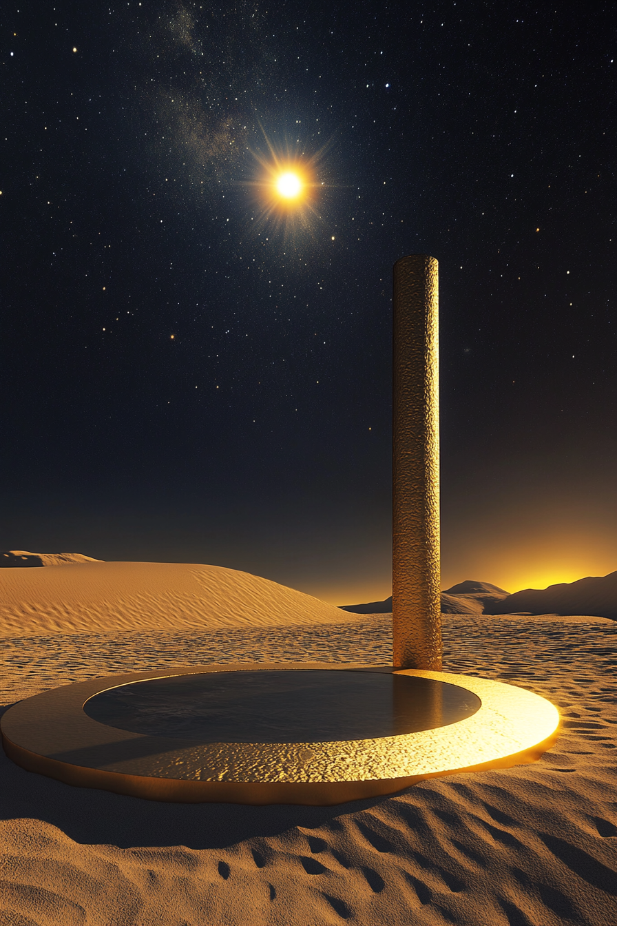 Desert sunset with golden pillar under night sky.