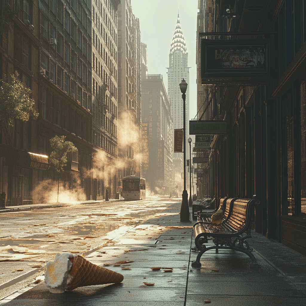 Deserted city street with melting ice cream cones.