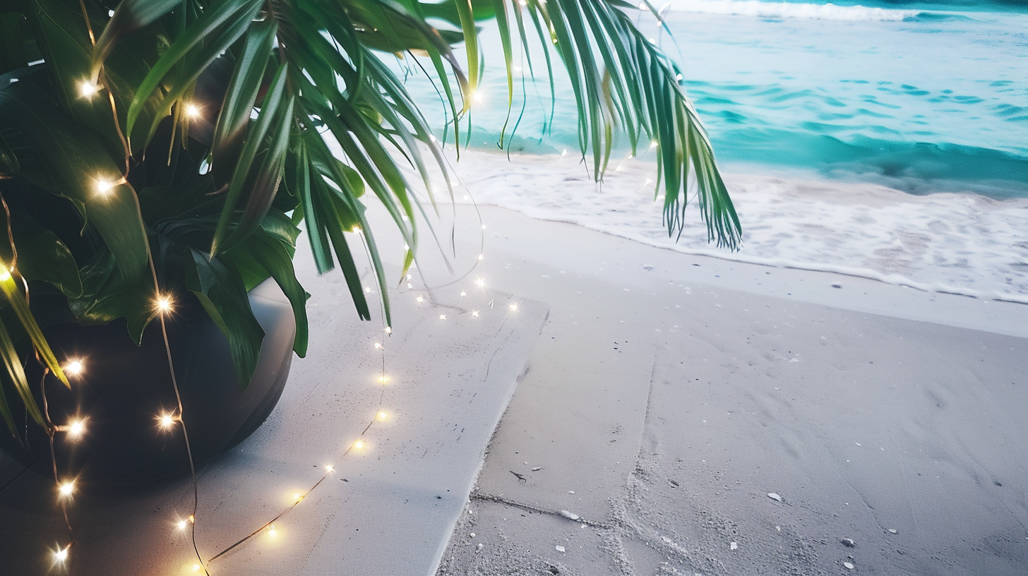 Deserted island beach with fairy lights, turquoise waters.