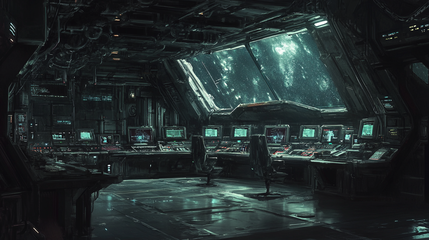 Deserted spaceship command deck with large workstations, dark room.