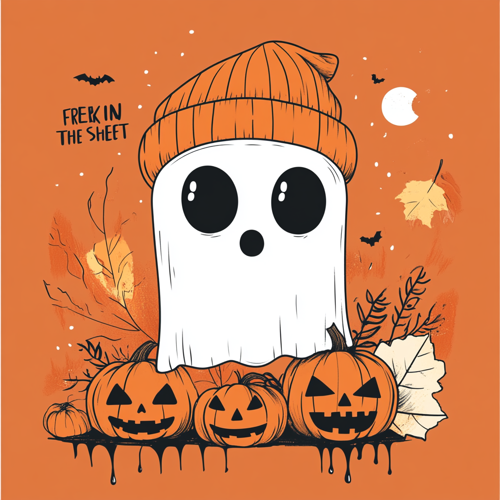 Design Halloween T-shirt with cute ghost and pumpkins.