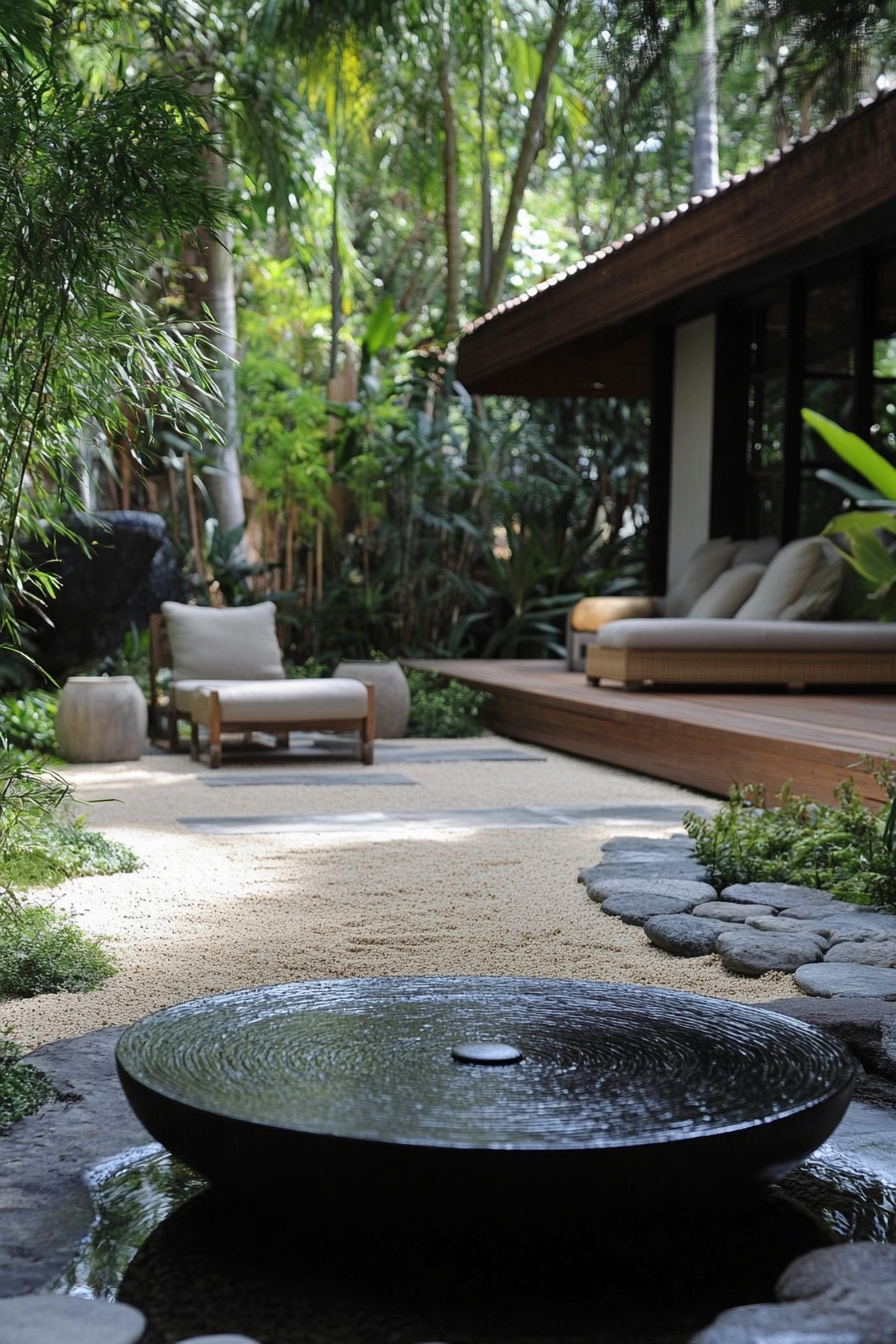 Design Zen patio with clean, natural furniture; serene atmosphere.