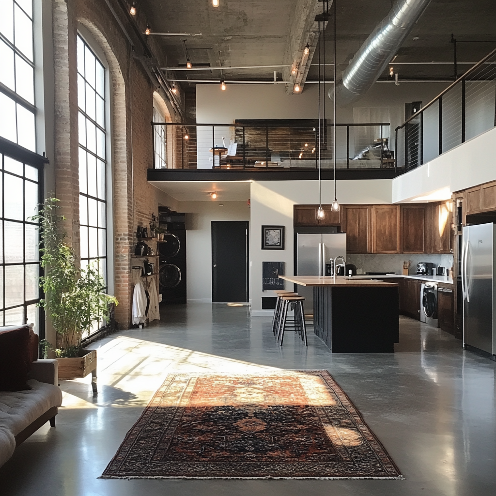 Design a loft with a mezzanine, industrial style.