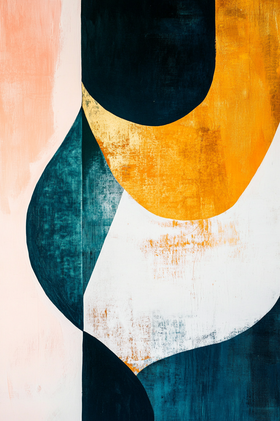 Design bold, abstract painting with navy, blush, gold.