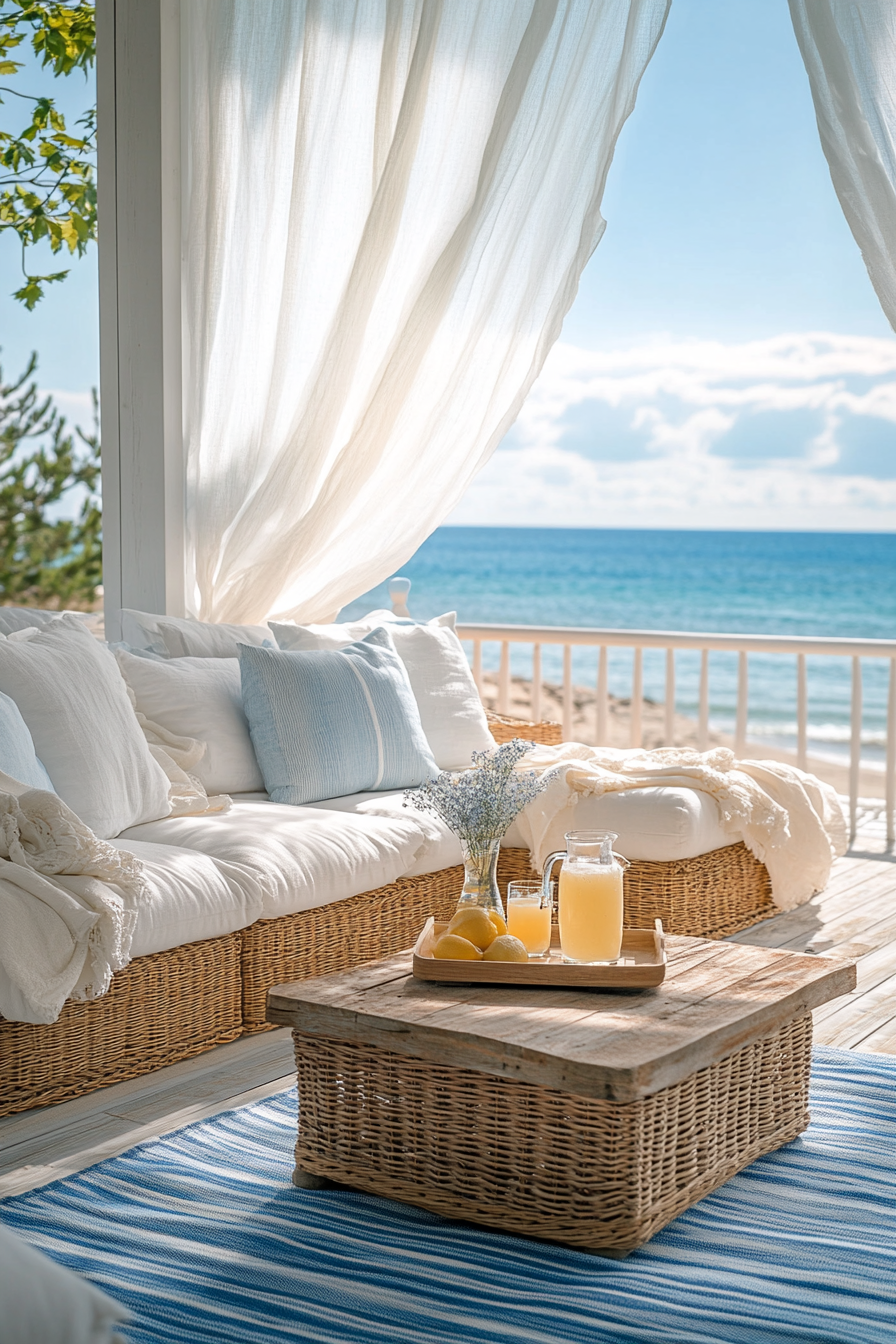 Design breezy coastal patio, white and blue furniture.