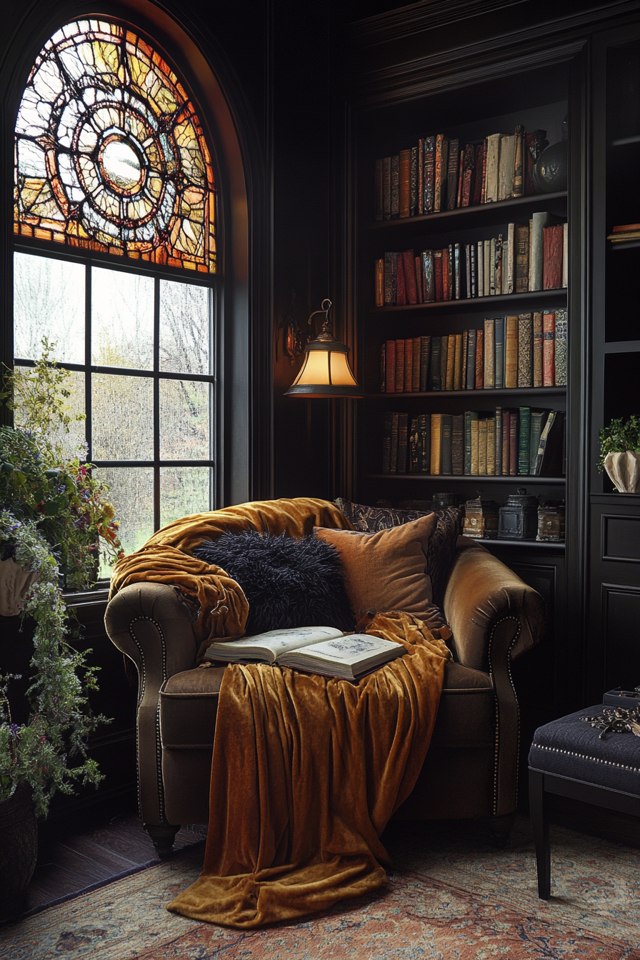 Design cozy corner for late-night reading, contemplation. Plush armchair, velvet throw, gothic literature, moody paintings.